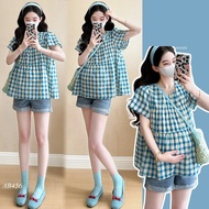 Beautiful maternity blue checkered shirt AB456