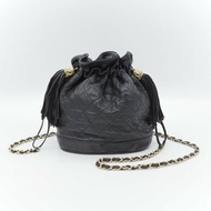 Chanel香奈兒 Vintage 黑色 羊皮菱格紋 流蘇 水桶包