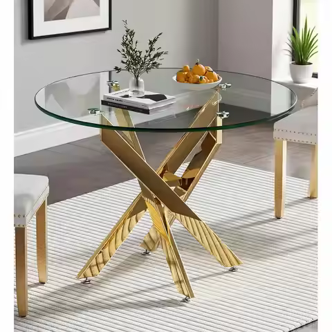 Contemporary 36 Glass Dining Table for 4 with 0.32 Thick Tempered Glass and Gold Legs for Compact Sp