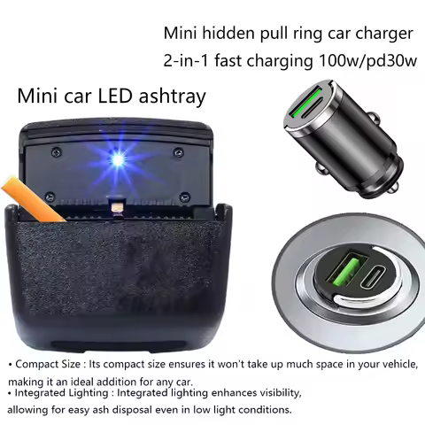 2pcs/1 set Mini Car Trash Bin With Led Lights Auto Cigarette Smokeless Ash Tray Mini Car Charger USB