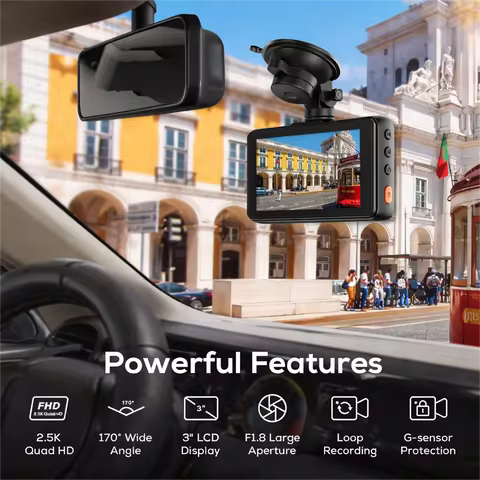 2.5K HD Dash Cam, 3” IPS, Night Vision, 1440P QHD,170° Wide Angle, G-Sensor, 24H Parking Mode, Type 