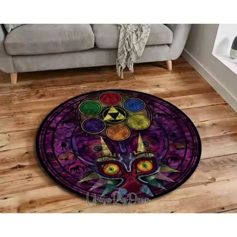 Zelda Symbol Round Rug Retro Style Game Room Carpet for Living Room Gaming Decor Zelda Majora’s Mask