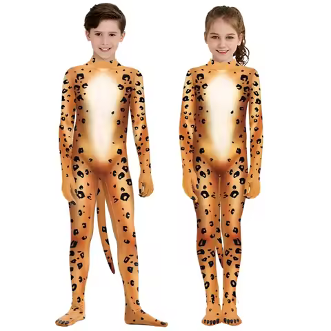 Kid 3D Print Animal Leopard Tiger Jumpsuits Boys Girl Halloween Carnival Party Zentai Suits Cheetah 