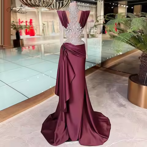 Crystal Evening Dress Burgundy Mermaid Dress Faux See-Through Lace Panels Draped Maxi Dress Formal O