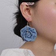 GOGUVO Denim Blue Fabric Earrings, Denims Exaggerate Blue Rose Earrings, Handmade Ornament Flower Ea
