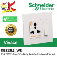 SCHNEIDER ELECTRIC VIVACE SERIES 13A 250V 1 GANG 3 PIN DOLLY SWITCH SWITCHED UNIVERSAL SOCKET - WHIT