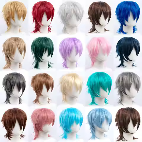 Synthetic Short Wigs Wolf cut with Bangs Choppy Cosplay Party Wig for men women Pink Red Blue Purple