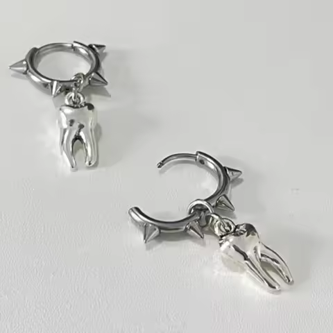 Retro Style Y2K Rivet Hoop Huggies Gothic Tooth Dangle Earrings for Women Club Party Jewelry