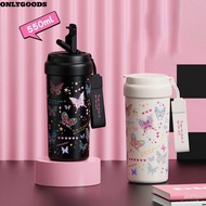 ONLYGOODS Water Cup, with Tea Strainer Butterfly Flask Tumbler, Kawaii 550ML Stainless Steel Vacuum 