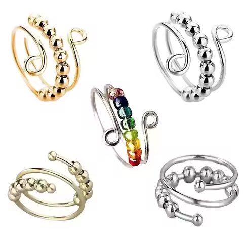 Bohemian Rainbow Beads Anxiety Ring Rotate Freely Anti Stress Fidget Spinner Rings For Women Girls F