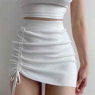 Skirt Wanita Seksi Pinggang Tinggi Tali Serut Fit Slim Putih Skirt Pendek A-line