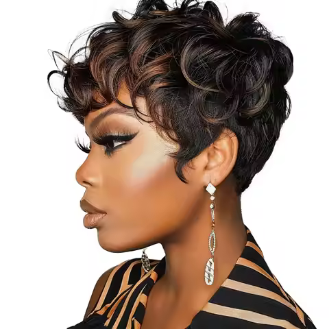 Black women's short elf wig with bangs, layered style, curly synthetic short hair wig, women's short