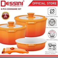 DESSINI ITALY UNICLICK 6 PCS Detachable Handle Induction Casserole Pot Non Stick Frying Pan Wok Bowl