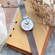 [Original] Alexandre Christie 2723 LHBSSSL Elegance Women's Watch with 3D White Flower Dial Silver Stainless Steel Mesh