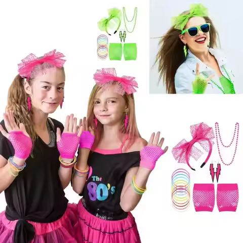 Coloured 90s 80s Outfit Accessories Set 80s Fancy Dress Stage Costume Hair Band Necklace Bracelet Ne