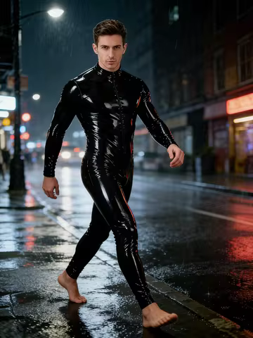 Black Latex Catsuit – Full Body Zip Front Cosplay Costume for Halloween & Clubwear