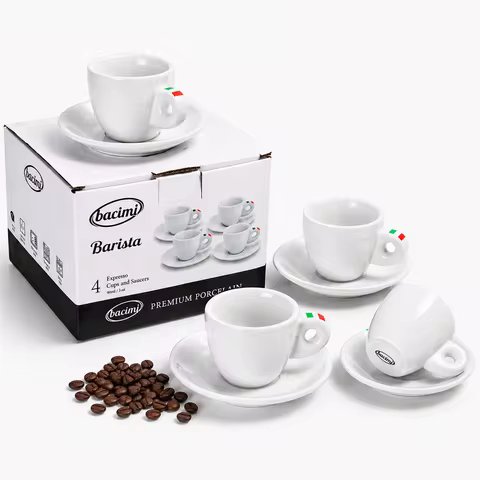 Bacimi® Espresso Cups & Saucers Set of 4 – 3 oz Thick Porcelain Coffee Cups - Barista Style Cup Set 