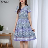 ZANZEA ชุดเดรสแขนแร็กแลนคอวีสำหรับผู้หญิงชุดเดรสความยาวหัวเข่าพิมพ์ลายพื้นเมือง Sundress #0922