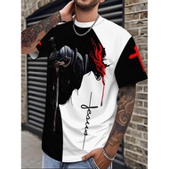Men's Pattern T-Shirt-Black White Animation Style Design, Characteristics of Handheld Swords, Red Bl