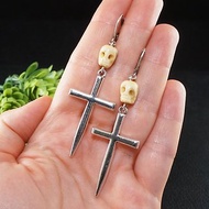 Silver Sword Cross Beige Bone Skull Dagger Knife Blade Goth Earrings Jewelry