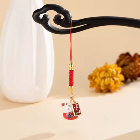 Chinese Style Ceramic Lucky Cat Phone Charms Metal Trinket Maneki Neko Phone Chain Fortune Cartoon F