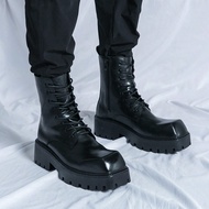 Ideal With Sweather,Men's Black Boots Office Party Casual Style Square Toe Lace Up Boots Motorcycle 