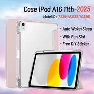 For iPad A16 11th 11inch 2025 with Pencil Holder Protective Cover for iPad A16 Transparent Back Shel