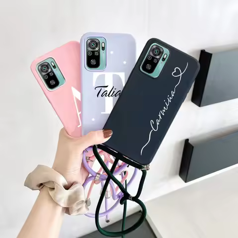 Personalised Custom Name Case for Xiaomi Redmi Note 10 4G Redmi Note 10S Lanyard Rope Silicone Cover