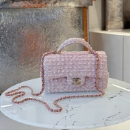 CHANEL 香奈兒24P粉色毛呢手柄CF mini 晶片款