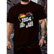 Cotton Round Neck Printed T-shirt QZX Haiti Independence 1804 Heart Graphic Tee - Cotton, Black with