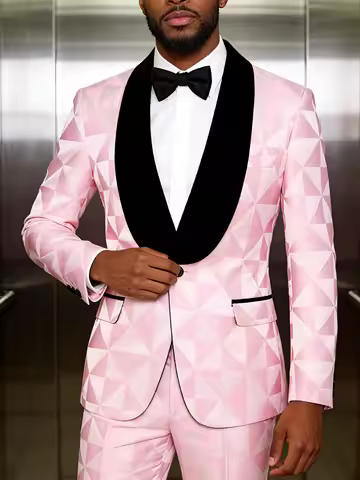 Men's plaid two-piece jacquard suit set, including a single-button printed evening jacket and pants,