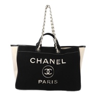 CHANEL 羊毛/皮革Deauville Tote Bag銀扣鏈帶手挽袋