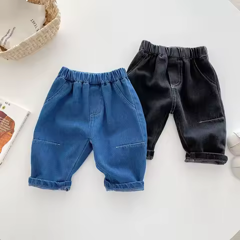 Kids Jeans 9M-5T Children Girls Solid Color Denim Blue Pants Baby Boys Cute Casual Trousers