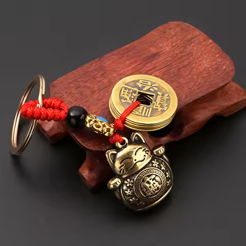 Pure Handmade Brass Lucky Cat Car Keychain Lucky Cat Five Emperors Money Keychain Feng Shui Coins So