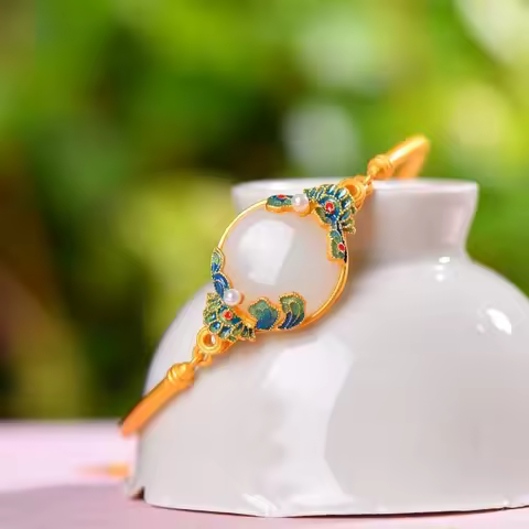 Natural Hetian White Jade Round Classical Enamel Craft Open bracelet for women Vintage Palace Style 