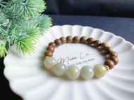 天然緬甸玉翡翠-半山水黃翡圓珠 手串 玉 禮物 手鍊 綠檀木