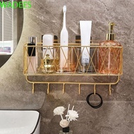 WADEES Bathroom Shelf, Gold with Hook Towel Holder, Wall-Mounted Iron Shampoo Holder Toothbrush