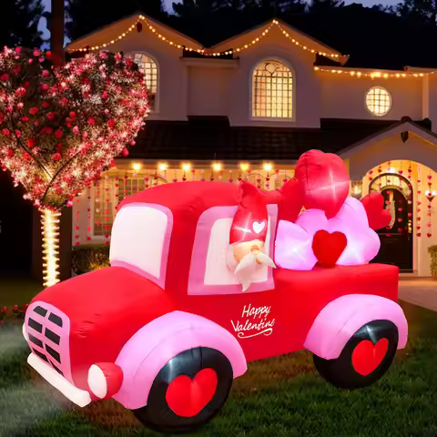 OurWarm 8FT Valentines Day Inflatables Outdoor Decor, Lovely Gnome Drives a Car Blow Up Yard Decor f