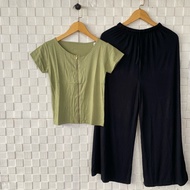 Setelan Celana Panjang Wanita / Set Atasan Zipper Tangan pendek / One set Kaos Resleting Depan Crop