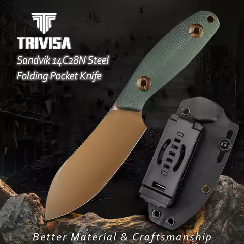 TRIVISA Straight Knife Aubergine Sandvik 14C28N Steel Blade Micarta Handle Camping Hunting Cutting m