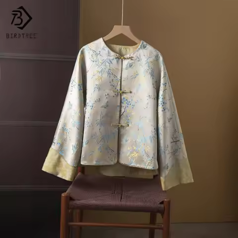 BirdTree,50% Real Silk Song Brocade Coat,Women Jacquard Chinese Style Jacket,O-neck Tops,2025 Spring
