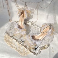 Kawazawa Hand-Made Brown Lolita Flower Wedding High Heels 〔 Guimang 〕 Lolita Pointed High Heels
