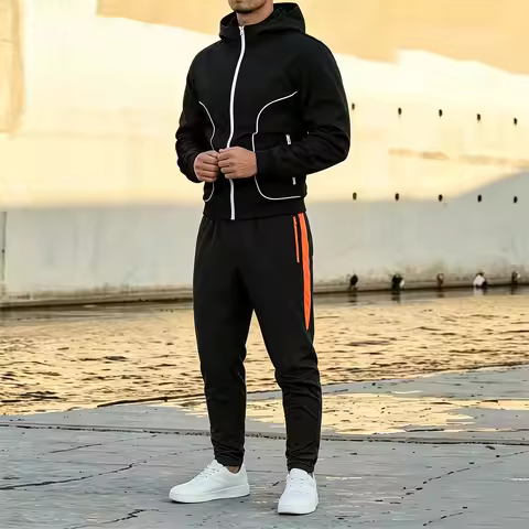 Men 2 Pieces Tracksuit Full Zip White Line Hooded Jacket Drawstring Side Stripe Pants Casual Zipper