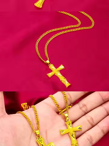 24K real gold 9999 yellow gold Men's Cross Necklace Unisex Chain