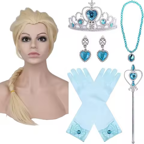 Elsa Princess Wig Accessories Gloves Wand Crown Jewelry Set Cosplay Dress Up Elsa Wig Necklace Braid