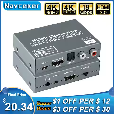 Navceker HDMI 2.0 Audio Extractor HDMI to RCA 4K 60Hz YUV4:4:4 HDR HDMI Audio Converter Adapter 4K H