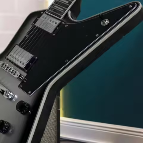 Silver Black Gradient Explorer Style Electric Guitar Block Fret Markers Dual Humbucker Heavy Stage M