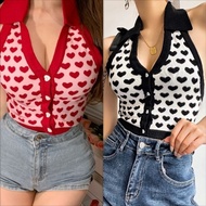 Sexy V-neck Tank Top Women Love Jacquard Halter Neck Backless Knitted Strap Camisoles Cropped Top