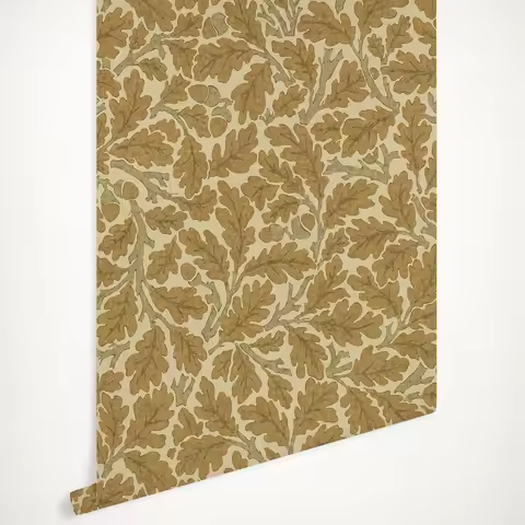 Orkney Oak Wallpaper with botanical golden yellow ochre leaves ascend to the heavens on neutral crea
