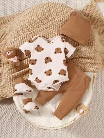 4PCS Clothing Set 0-9 Months Newborn Baby Boy Bear Short Sleeve Romper+Pants+Hat+Sock Infant Baby Fu